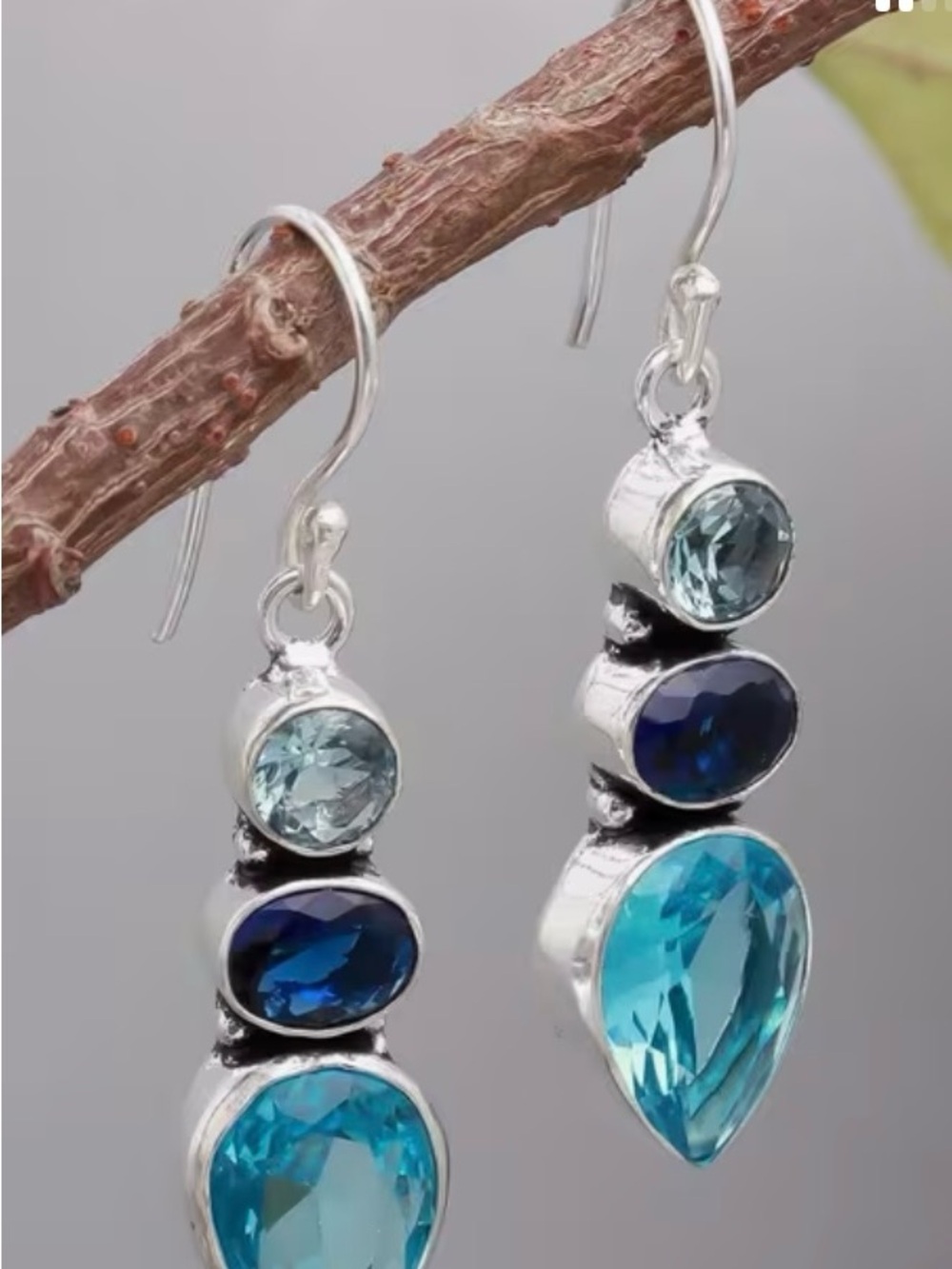 Silver Drop Earrings Blue and Teal Stones Boho style for day or evening NWOT - Picture 5 of 5